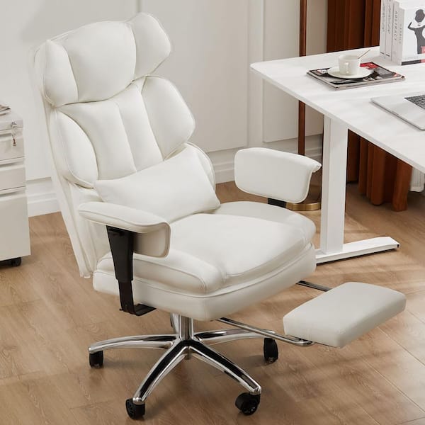 Bestier Office Chair PU Leather w/ Footrest and Lumbar Support, Ergonomic Office Chair in White with Adjustable Height and Arms