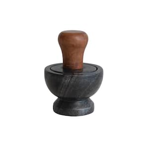 Black and Natural Modern Marble and Wood Mortar and Pestle
