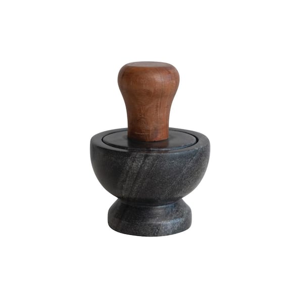 Storied Home Black and Natural Modern Marble and Wood Mortar and Pestle