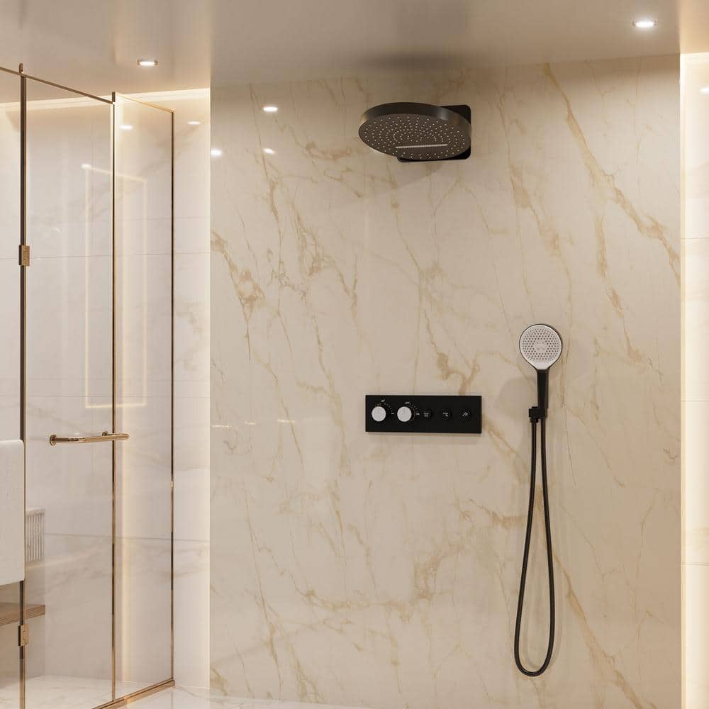 Matte Black Thermostatic Rainfall Shower System with Handheld