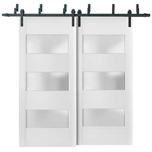 56 in. x 96 in. 3 Lites Frosted Glass White Finished Pine Wood Sliding Barn Door with Hardware Kit