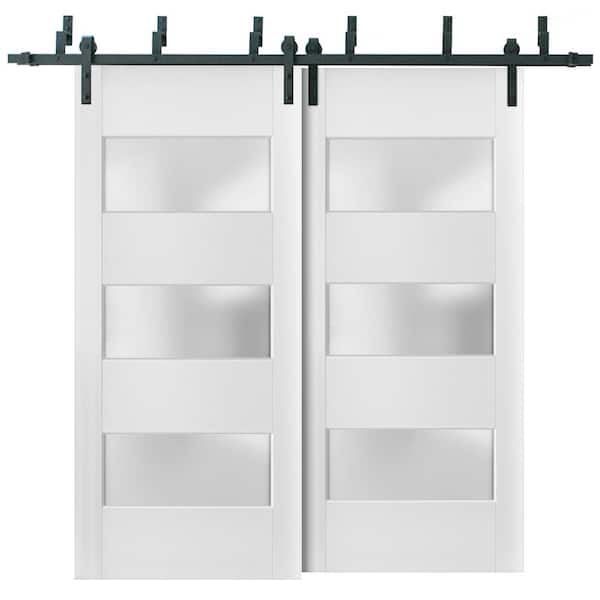 84 in. x 84 in. 3 Lites Frosted Glass White Finished Pine Wood Sliding Barn Door with Hardware Kit