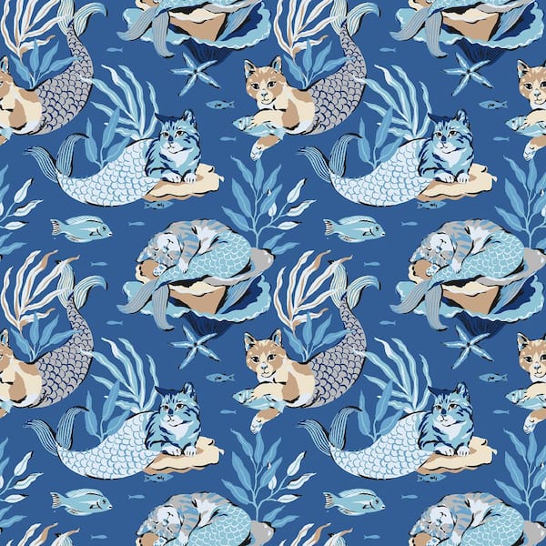 NuWallpaper Meowing Mermaids Blue Peel and Stick Wallpaper Sample