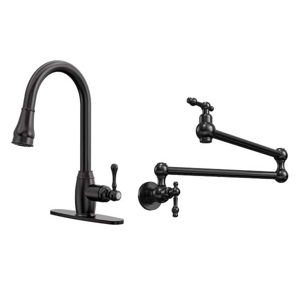 16 in. H 1-Handle Pull Down Sprayer Kitchen Faucet with Pot Filler Faucet Dual-Mode Spray 360° Swivel in Matte Black