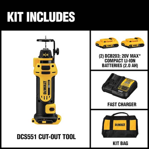 Dewalt 20 Volt Max Cordless Drywall Cut Out Tool With 2 Batteries 0ah Charger Dcs551d2 The Home Depot - How To Use Dewalt Drywall Cut Out Tool Box