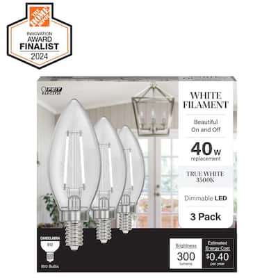 40-Watt Equivalent B10 E12 Candelabra Dim White Filament Clear Glass Chandelier LED Light Bulb True White 3500K (3-Pack)