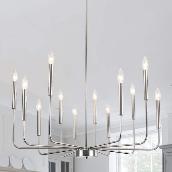 12-Light Nickel Candlestick Hanging Island Linear Chandelier Lighting for Kitchen Island