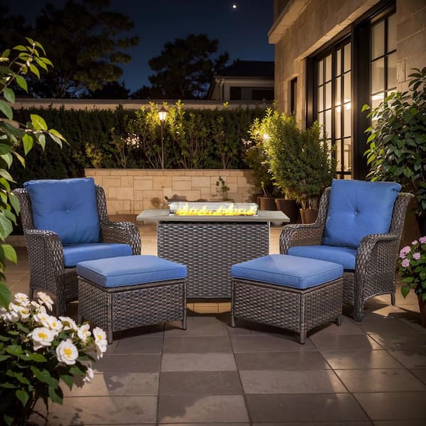 5-Piece Brown Wicker Fire Pit Conversation Set with Olefin Blue Cushions and Curved Arm Lounge Chairs and Ottoman