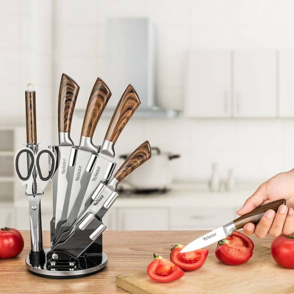 Velaze8-Piece Stainless Steel Kitchen Knife Sets with Sharpener and Spinning Block