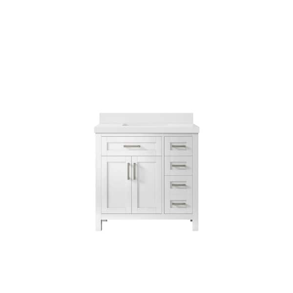 Willow Collections Cambridge 36 in. W x 22 in. D x 36 in. H Center Sink Bath Vanity in White with 2 in White Quartz Top