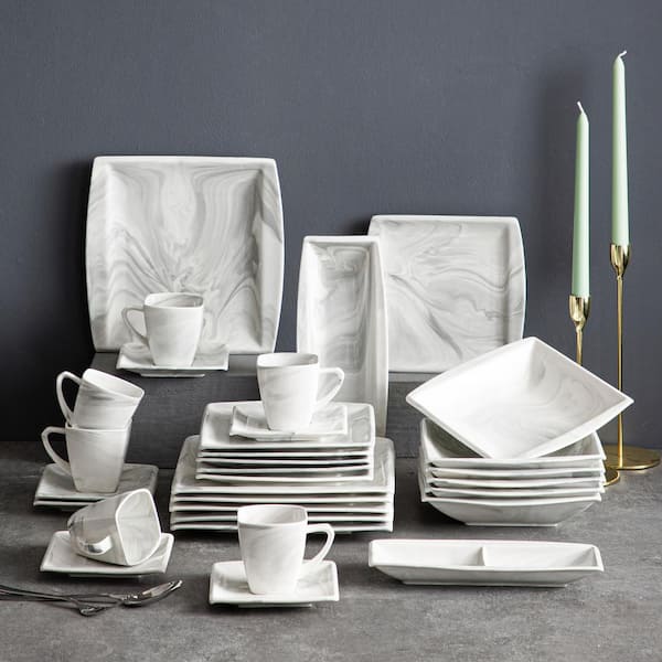 MALACASA Blance 32-Piece Marble Gray Porcelain. Dinnerware Set