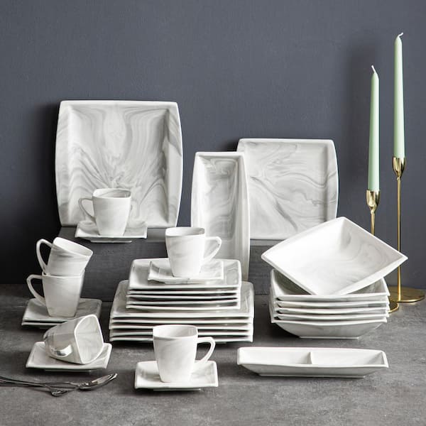 MALACASA Blance Marble Grey Porcelain Dinnerware Set with Cups