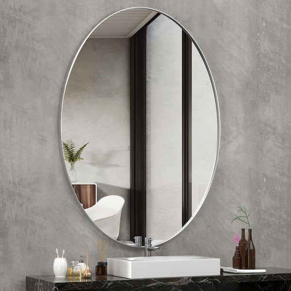 PAIHOME 22 in. W x 30 in. H Large Oval Mirror Stainless Steel Frame Mirror Wall Mirrors Bathroom Vanity Mirror in Brushed Silver