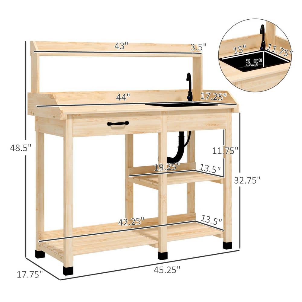 Natural Wood Potting Bench Table with Removable Sink Station
