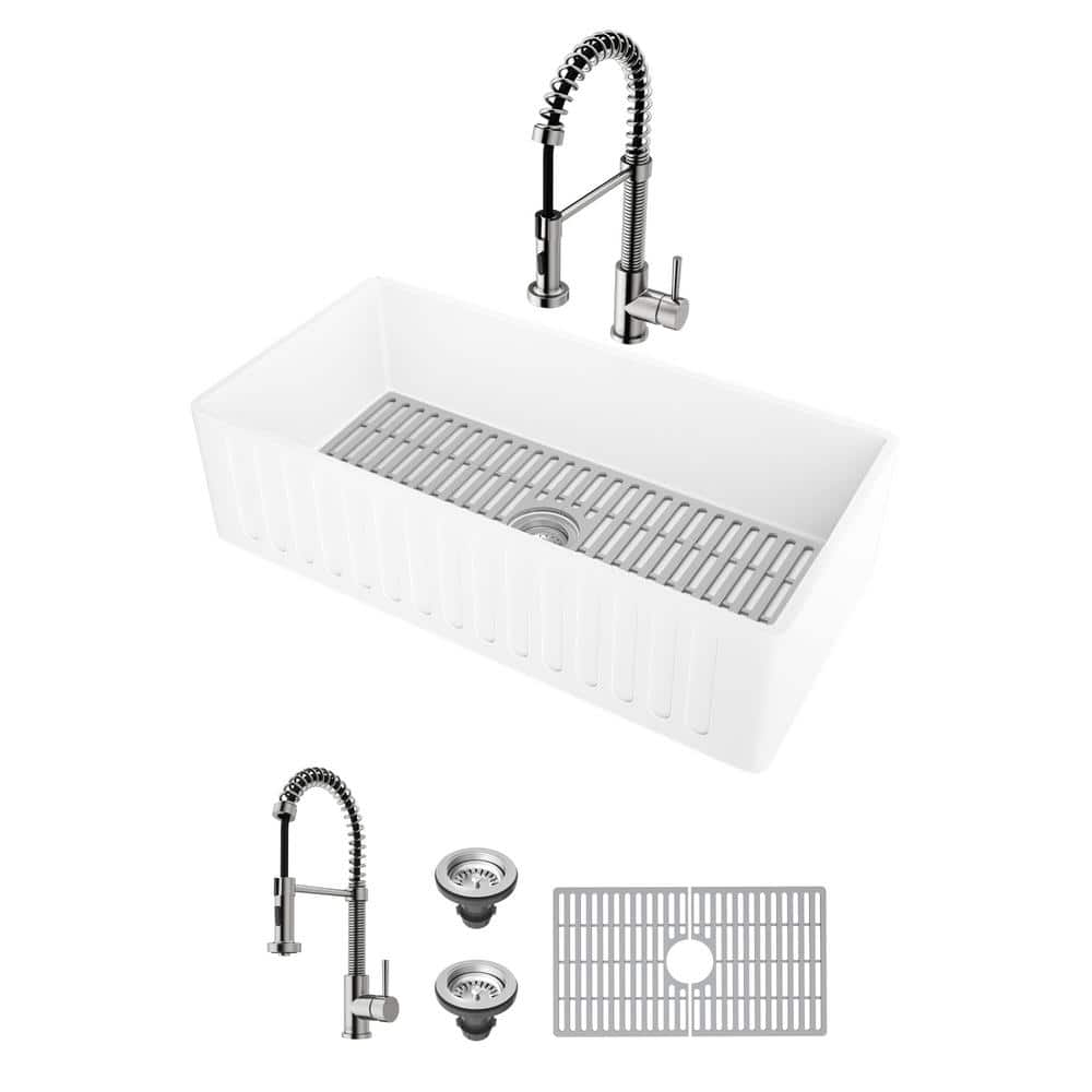 VIGO Matte Stone 36"" Single Bowl Farmhouse Apron Front Undermount Kitchen Sink with Faucet in Stainless Steel and Accessories, Matte White -  VG84054