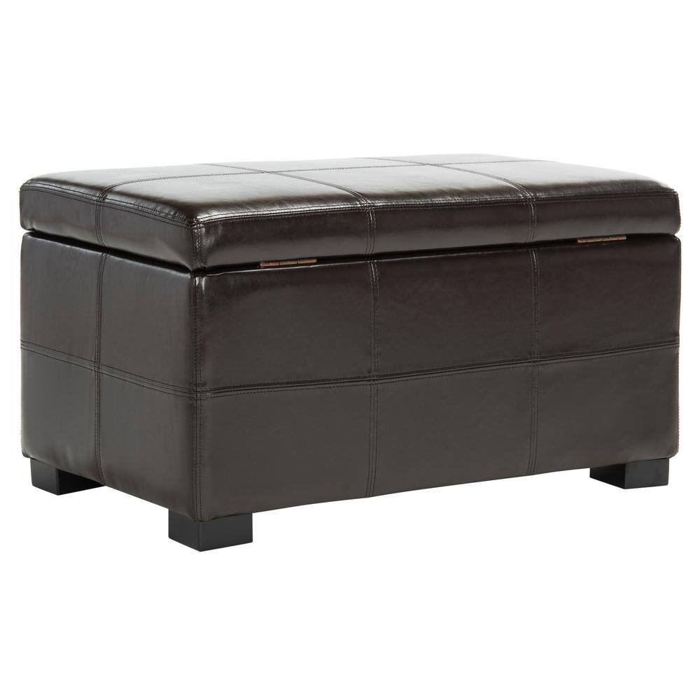 Small Brown Leather Storage Bench with Birch Wood