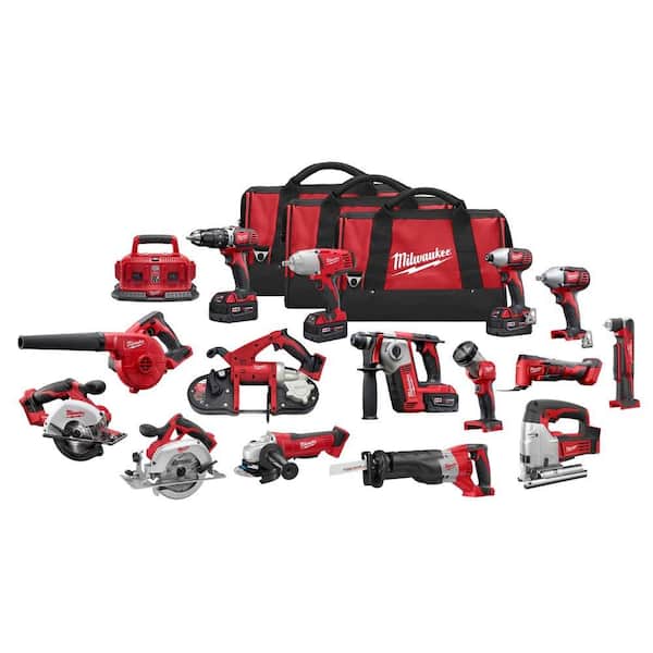 Milwaukee M18 18-Volt Lithium-Ion Cordless Combo Tool Kit (15-Tool) with (4) 4.0Ah Batteries, (1) 6-Port Charger, (3) Tool Bags