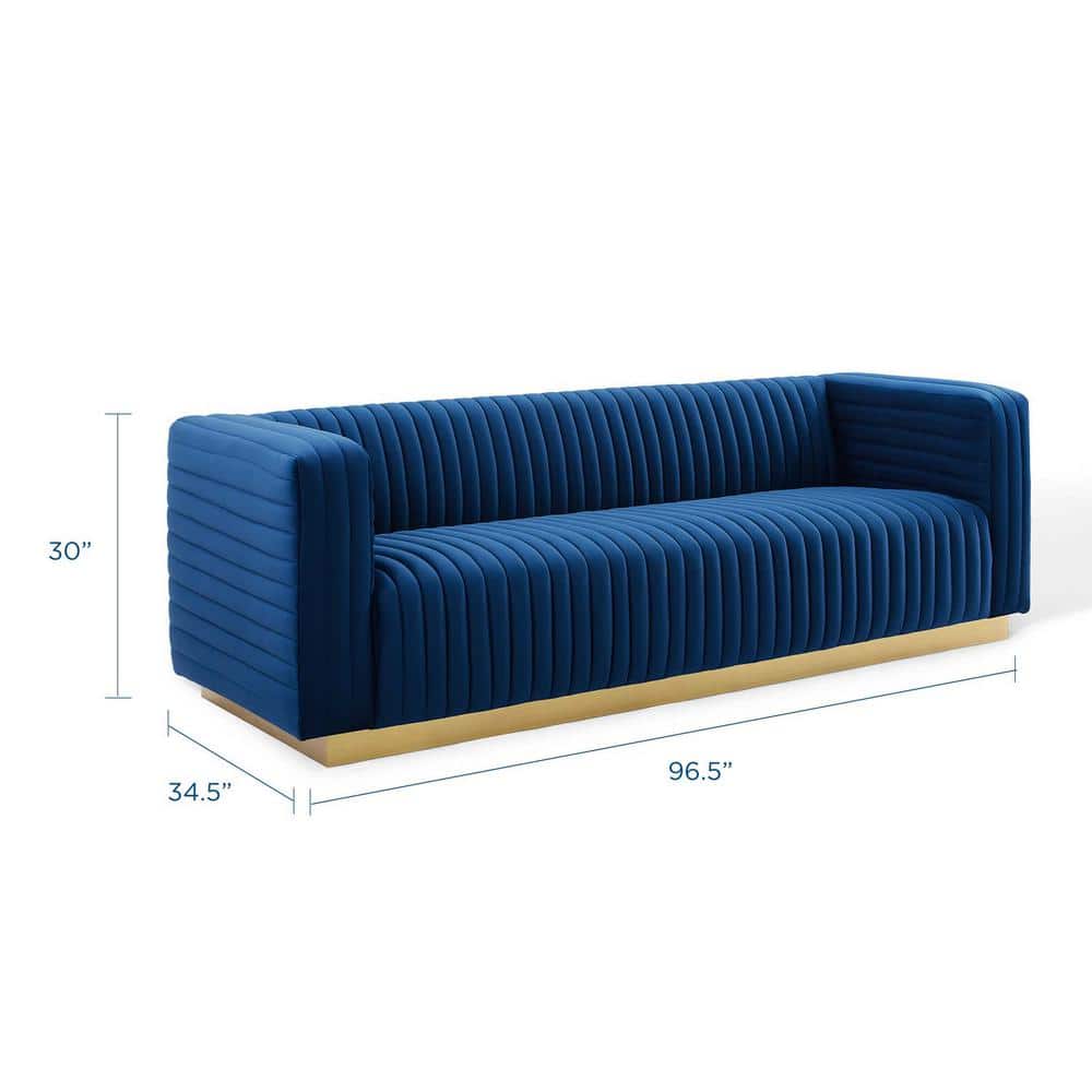 Navy Velvet Tufted Tuxedo Sofa with Gold Stainless Steel Base, 96.5"