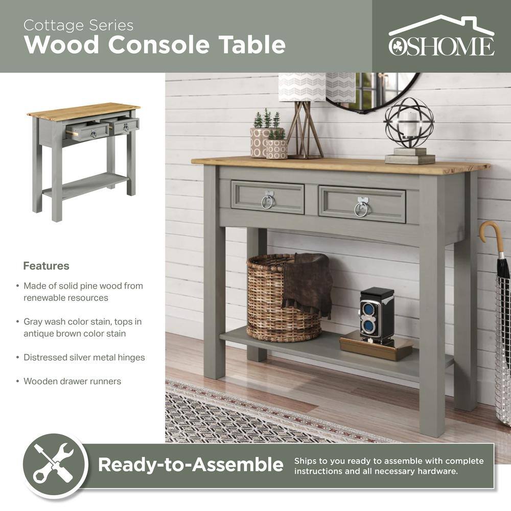 Gray and Antique Brown Solid Pine Console Table with Storage