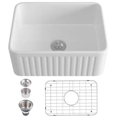 Ball White Ceramic 20 in. L x 14 in. W Single Bowl Rectangular Farmhouse Apron Vessel Kitchen Sink with Bottom Grid