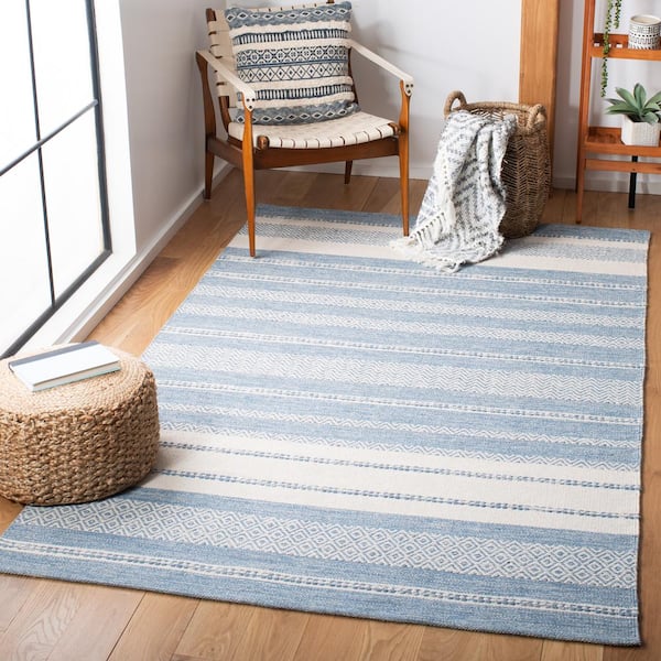 Striped Kilim Ivory Blue 6 ft. x 9 ft. Chevron Striped Area Rug