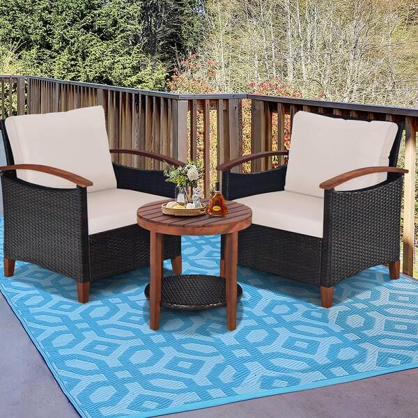 Brown 3-Piece Wicker Patio Conversation Set Outdoor Rattan Bistro Set with Beige Cushions
