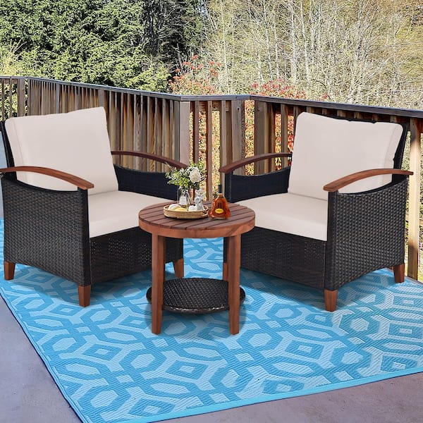 Brown 3-Piece Wicker Patio Conversation Set Outdoor Rattan Bistro Set with Beige Cushions