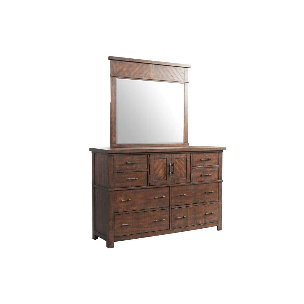 Rustic Brown 8-Drawer Dresser with Mirror and Bronze Pulls