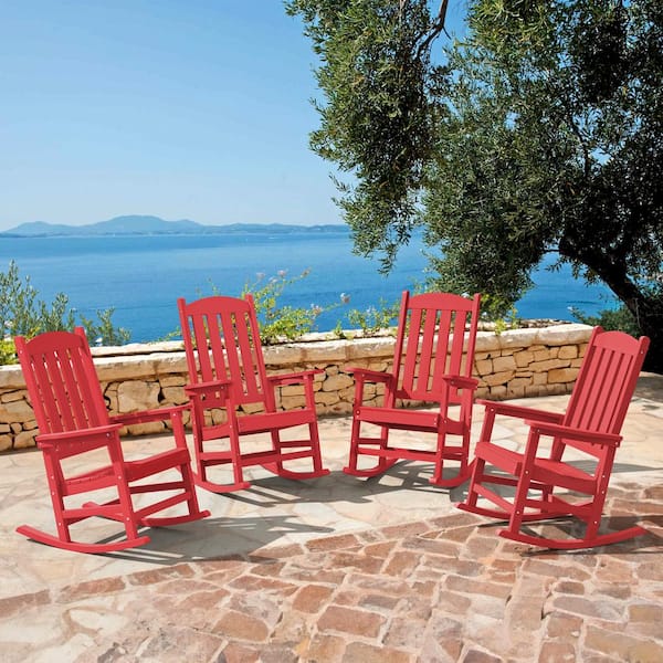 LUE BONA Bright red Plastic Adirondack Outdoor Rocking Chair with High Back, Porch Rocker for Backyard (4-Pack)