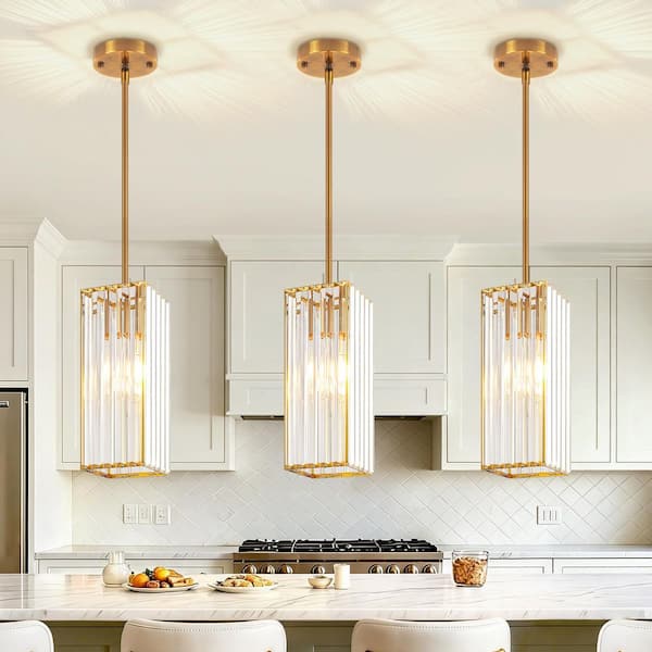 1-Light Gold Luxury Pendant Light, Rectangle Crystal Glass Shade for Kitchen and Living Room (3-Pieces)