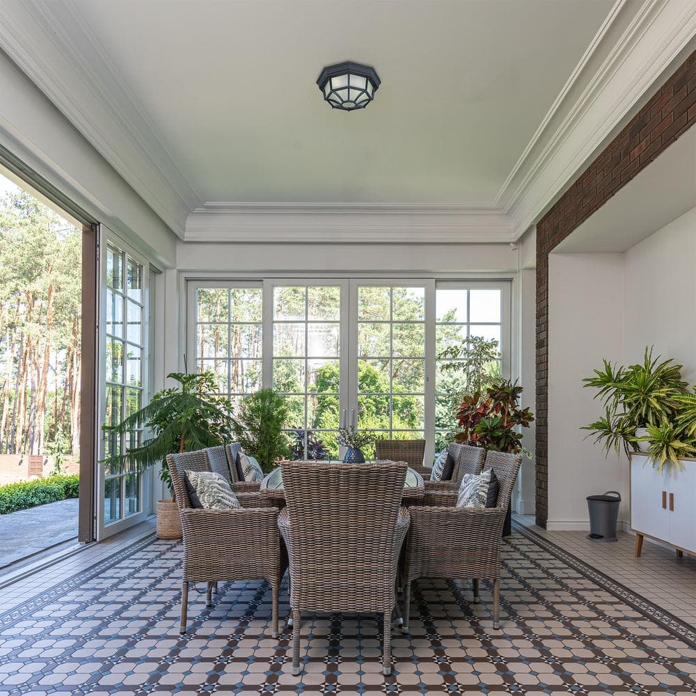 Black and Frosted Glass Outdoor Flush Mount Light