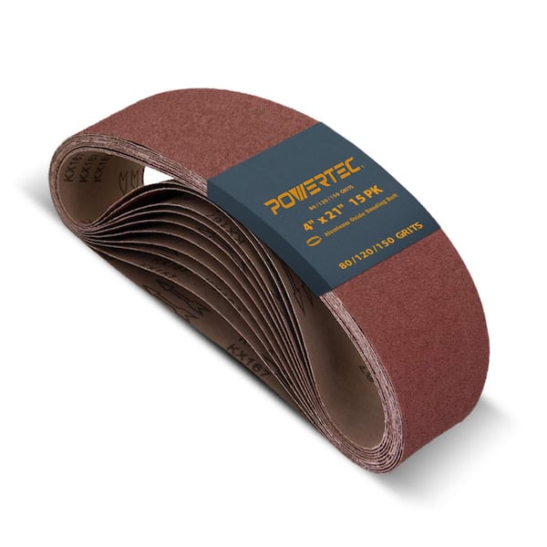 ‎POWERTEC 4 in. x 21 in. Aluminum Oxide Sanding Belts Assortment, 5 Each of 80,120,150 Grits for Belt Sander (15-Pack)