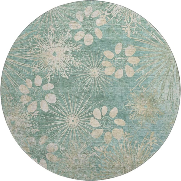 Mayfield Premium Machine Washable Abstract AMF2225 Teal 8 ft. x 8 ft. Round Rug