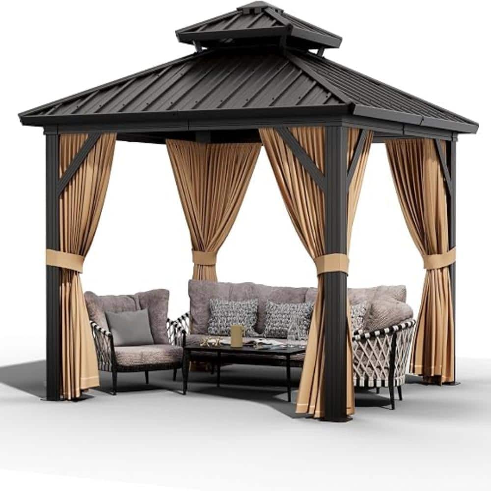 10x10 ft Brown Hardtop Gazebo, Galvanized Steel Double Roof with Netting & Curtains for Patio Backyard Wedding Party price history on PriceWatchPro