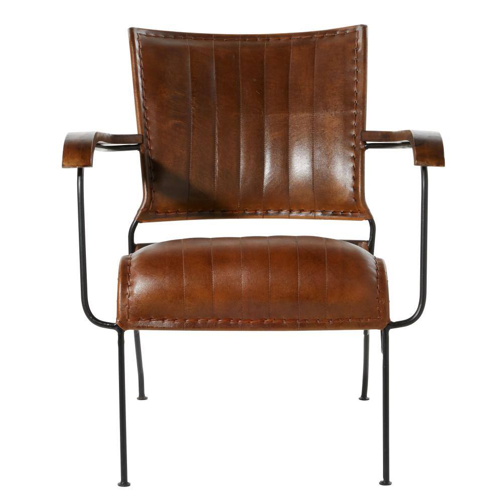 Vintage Brown Leather and Metal Accent Chair