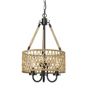 3-Light Farmhouse Black Rattan Hand Woven Chandelier Pendant Light for Kitchen Island with No Bulbs Included
