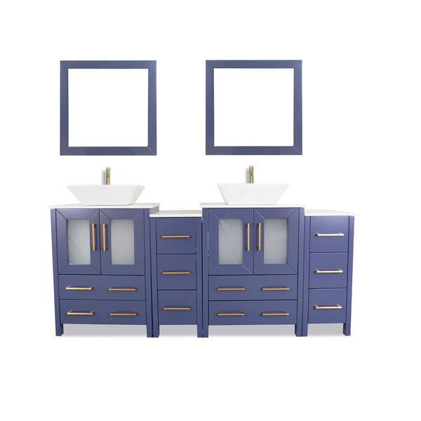 Vanity Art Ravenna 72 in. W Double Basin Bathroom Vanity in Blue with White Engineered Marble Top and Mirror