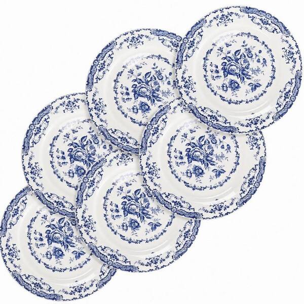 10 in. Ceramic Dinner Plates (Set of 6), Kitchen Plates Microwave Safe, White Dessert Plate, Blue Floral Porcelain Plat