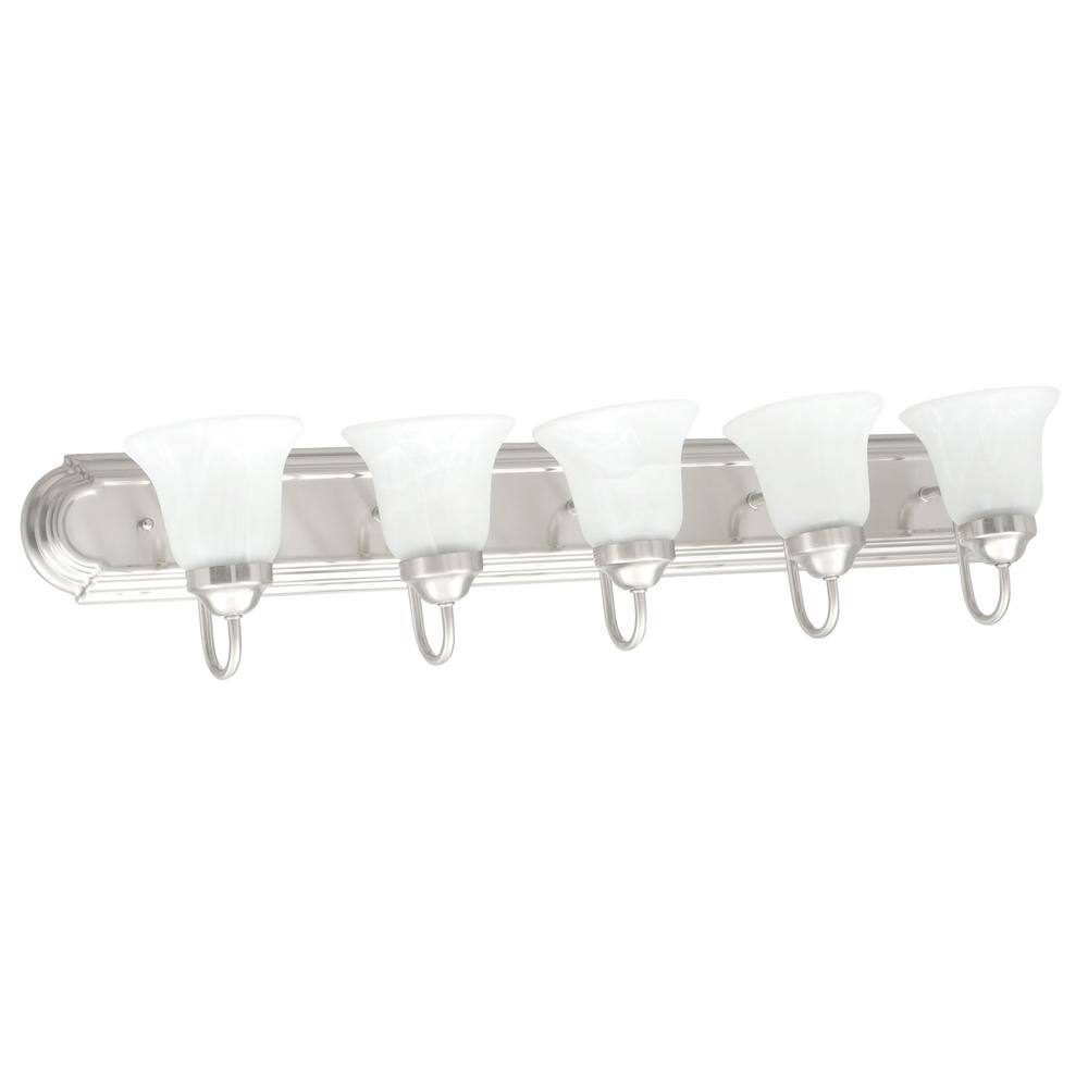 36-Inch Brushed Nickel Alabaster Glass 5-Light Vanity Fixture