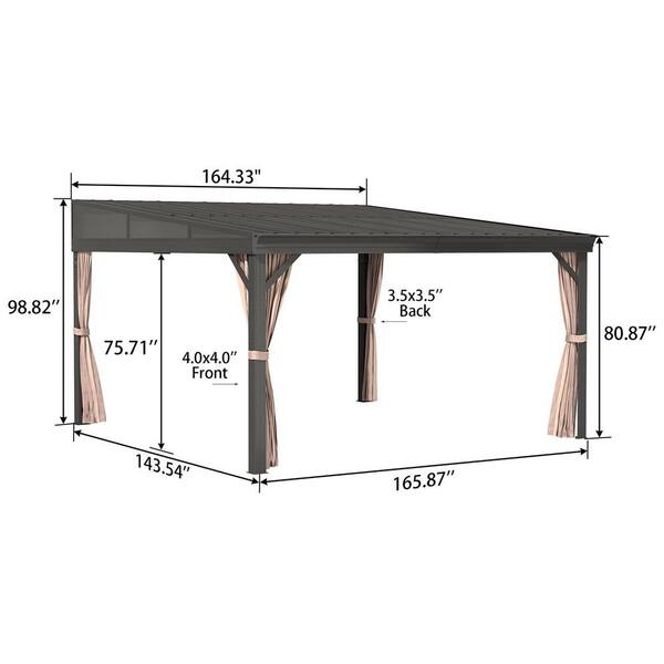 12 ft. x 14 ft. Outdoor Patio Aluminum Frame Lean-To Hardtop Gazebo with Galvanized Steel Roof, Curtains and Netting