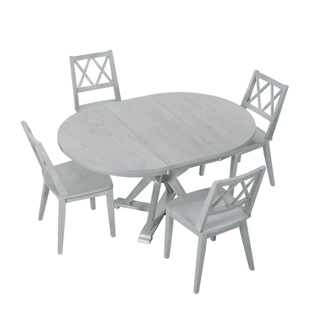 Gray Mid-Century 5-Piece Wood Outdoor Dining Extendable Round Table Set wit