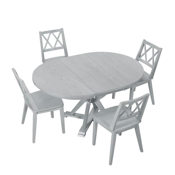 Unbranded Gray Mid-Century 5-Piece Wood Outdoor Dining Extendable Round Table Set with 15.7 in. Removable Leaf and 4 Chairs