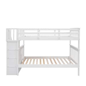 White Full Over Full Stairway Bunk Bed with Bookshelves and Guard Rail, Full Wood Kids Bunk Bed Frame with Staircases
