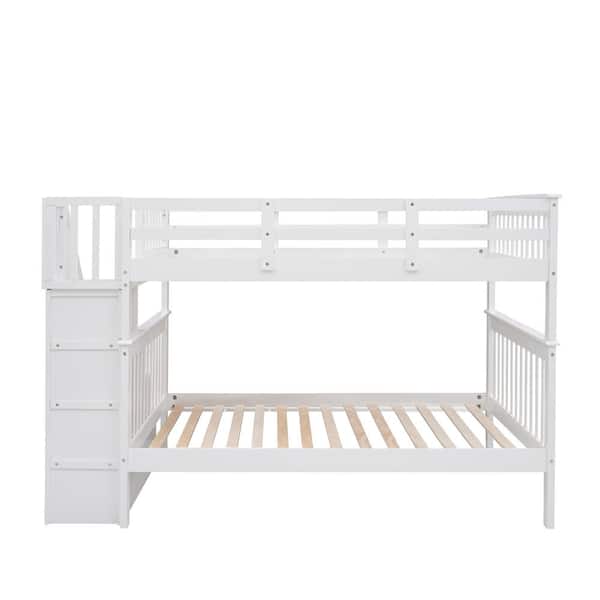 ANBAZAR White Full Over Full Stairway Bunk Bed with Bookshelves and Guard Rail, Full Wood Kids Bunk Bed Frame with Staircases