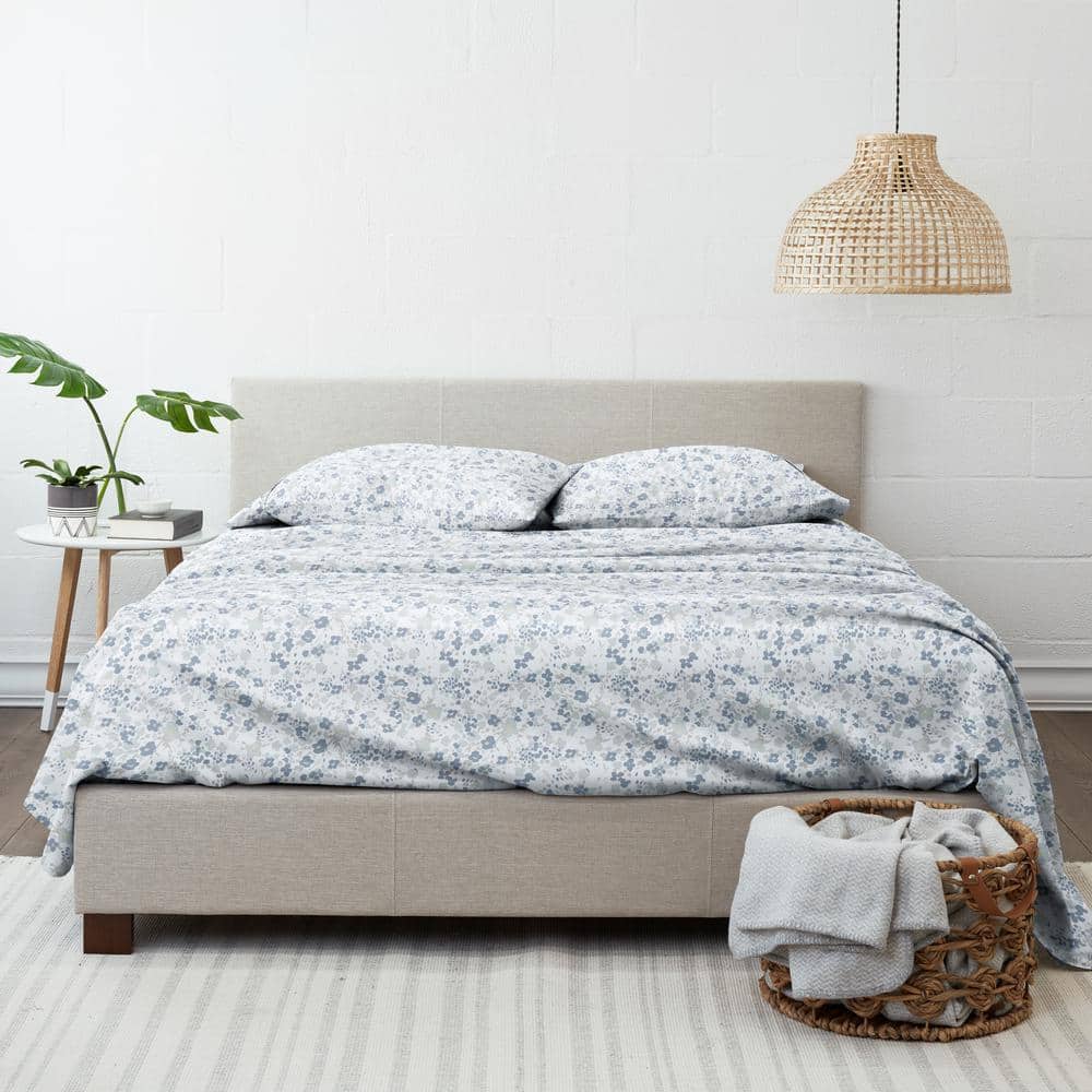 Queen Light Blue Floral Microfiber Deep Pocket Sheet Set