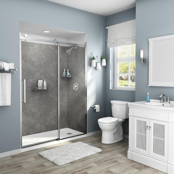 Passage 60 in. x 72 in. 2-Piece Glue-Up Alcove Shower Wall with Corner Shelf in Gray Concrete