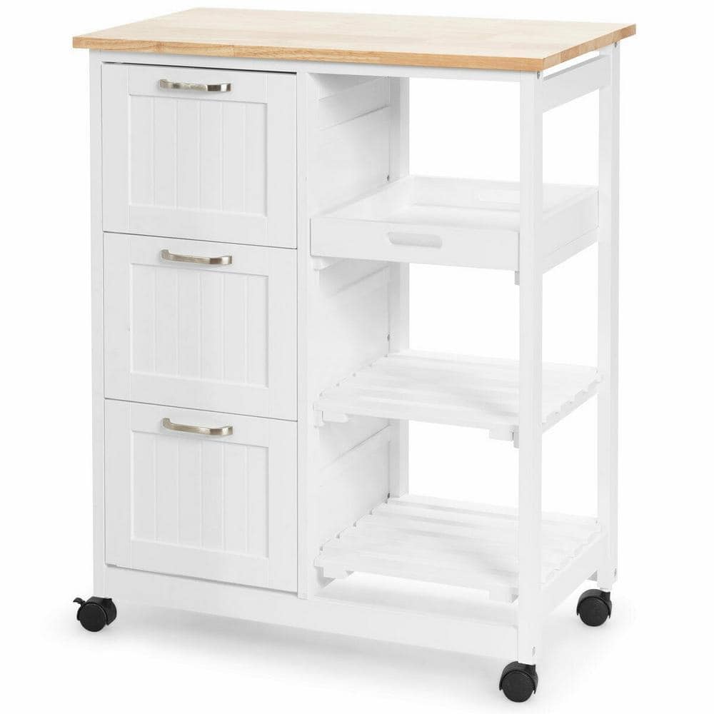 33 in. W White Small Rolling Kitchen Cart with Rubber Wood Countertop, Deep