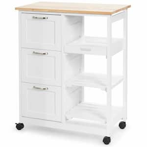 33 in. W White Small Rolling Kitchen Cart with Rubber Wood Countertop, Deep Drawer, Open Shelf, Tray