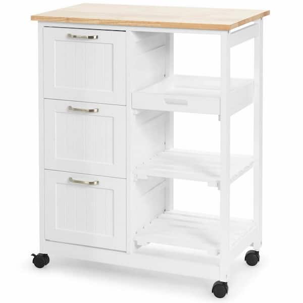 ANGELES HOME 33 in. W White Small Rolling Kitchen Cart with Rubber Wood Countertop, Deep Drawer, Open Shelf, Tray