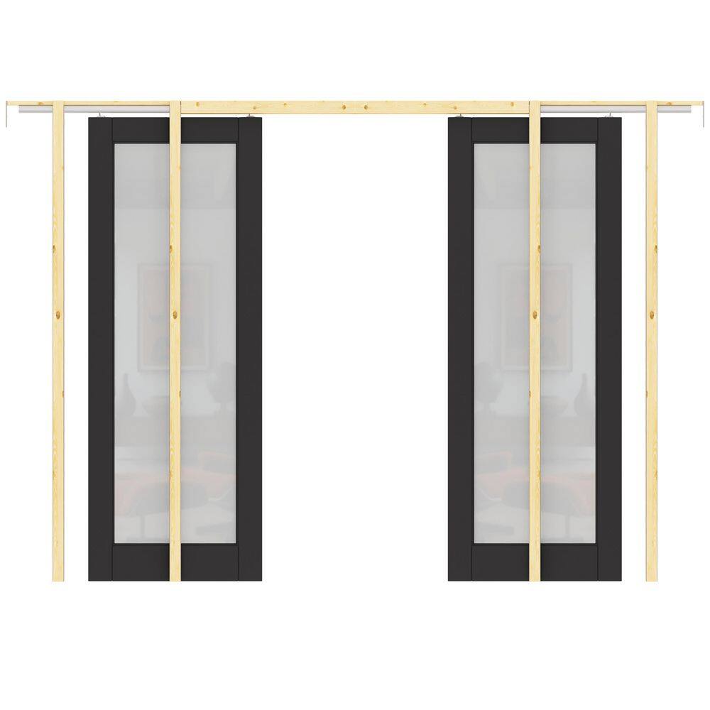 60 in. x 80 in. 1 Lite Frosted Glass Black Primed Wood Pocket Door with Solid Core Door Frame, Hardware and Soft Close price history on PriceWatchPro